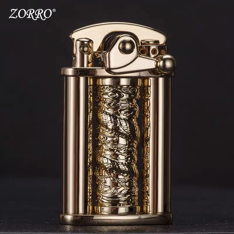 ZORRO正品创意旋转龙柱解压个性摇臂打火机纯铜经典点火防风男士