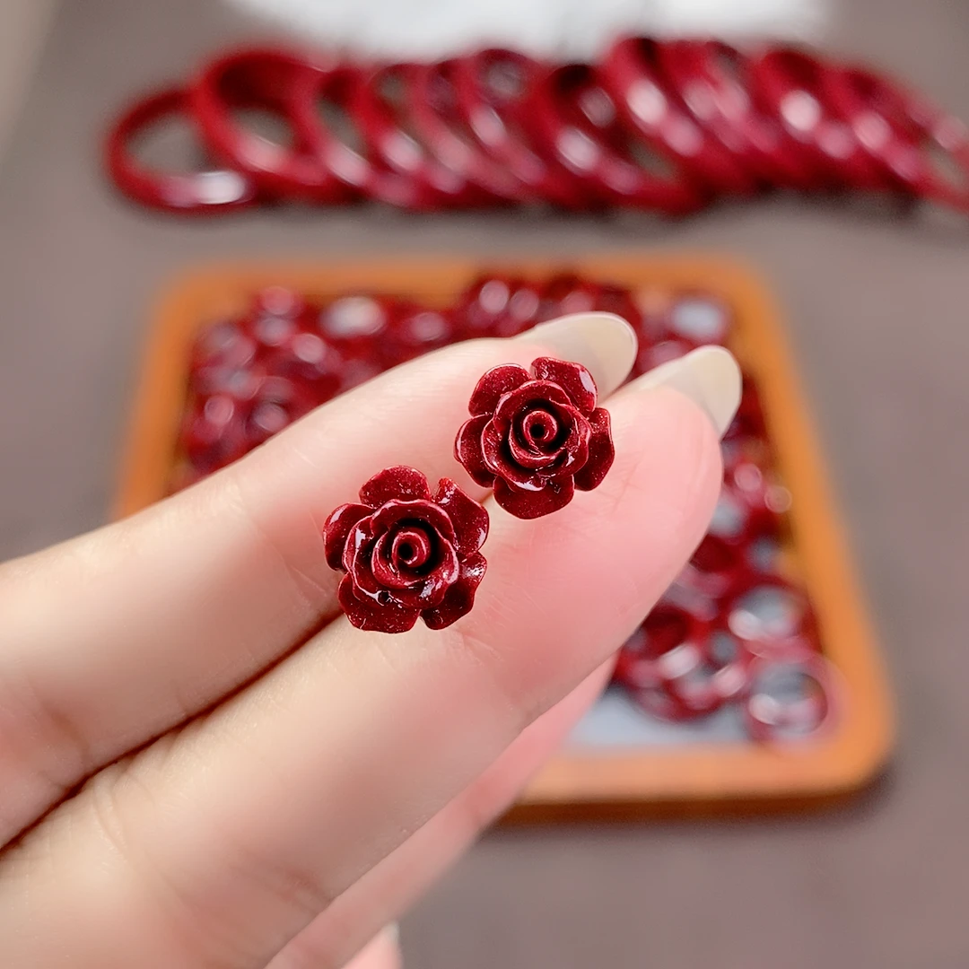 含辰砂工艺品高含量朱砂玫瑰花耳钉925纯银耳饰紫金砂百搭时尚女