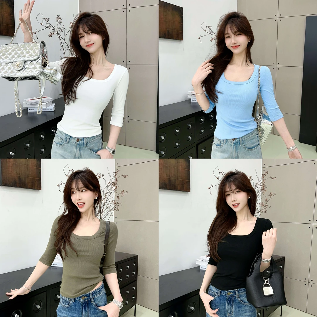 Ⅲ防走光百搭U领T恤（2170#）衣长55纯色打底设计感夏季显瘦简约