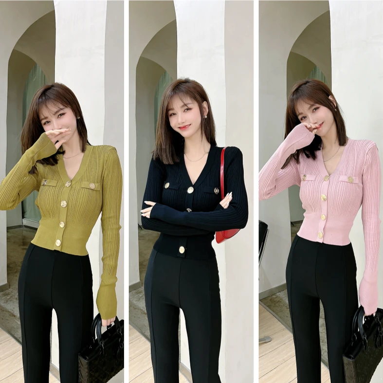 小香风V领针织衫（893#）黑色上衣春秋秋季打底长袖