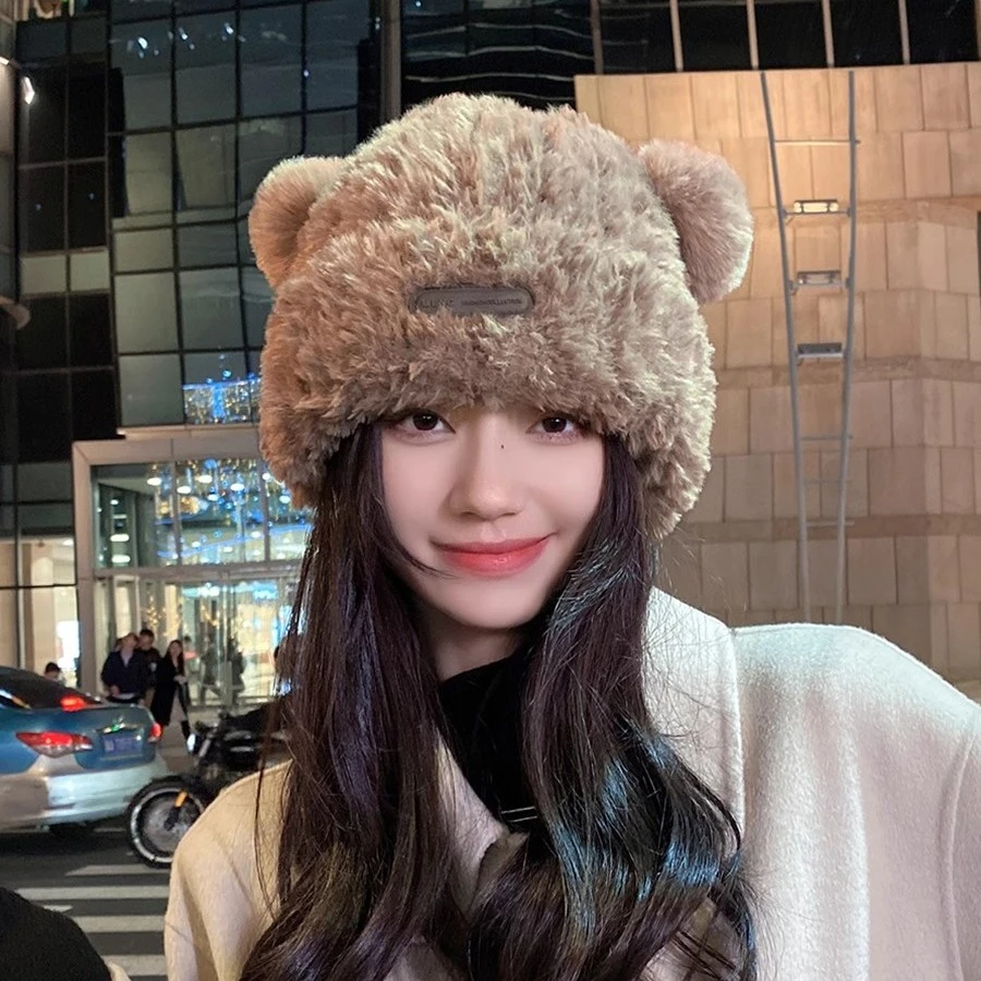 大头围毛线帽小熊耳朵帽子毛绒护耳针织帽加深圆脸显脸小包头帽