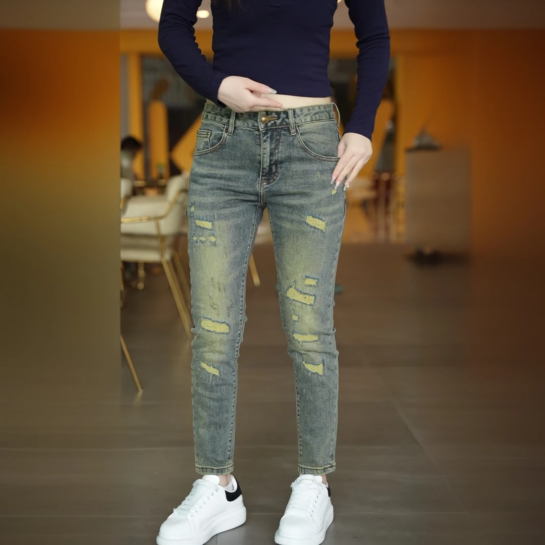男士复古破洞牛仔裤潮流修身小脚弹力休闲九分裤秋季韩版百搭长裤