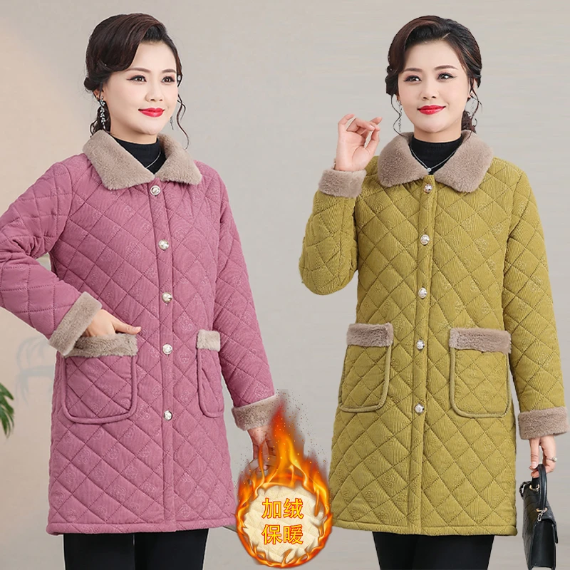 2024时尚新款妈妈装加绒加棉中长款外套冬季百搭保暖中老年女士