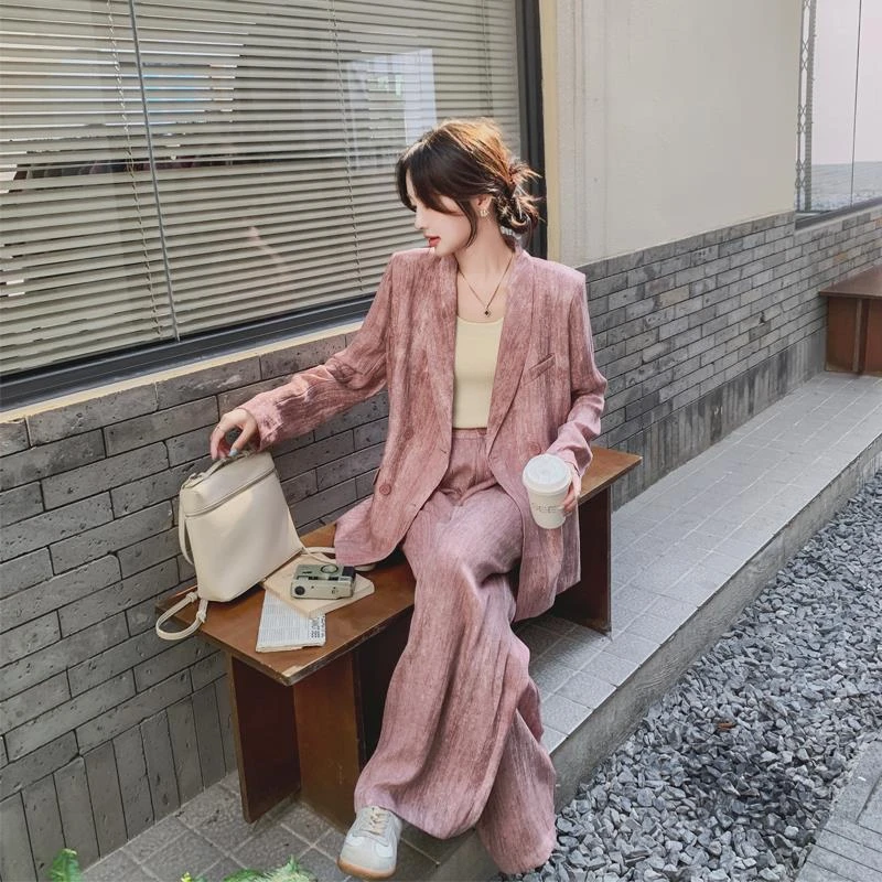 粉色休闲西装套装女秋季2024新款气质高级感显瘦西服阔腿裤两件套