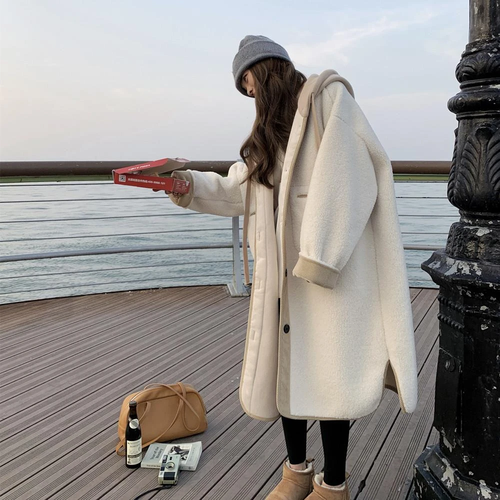 卫衣连帽皮毛一体羊羔毛绒外套女秋冬2024新款中长款休闲韩系加厚