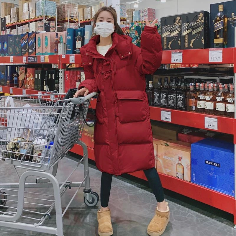 红色羽绒服女冬季小个子中长款牛角扣连帽东北加厚90白鸭绒外套