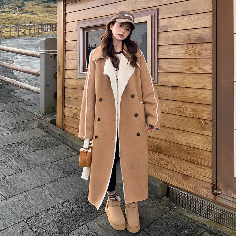 卡其色皮毛一体西装毛毛外套女2024冬季新款中长款加厚气质大衣