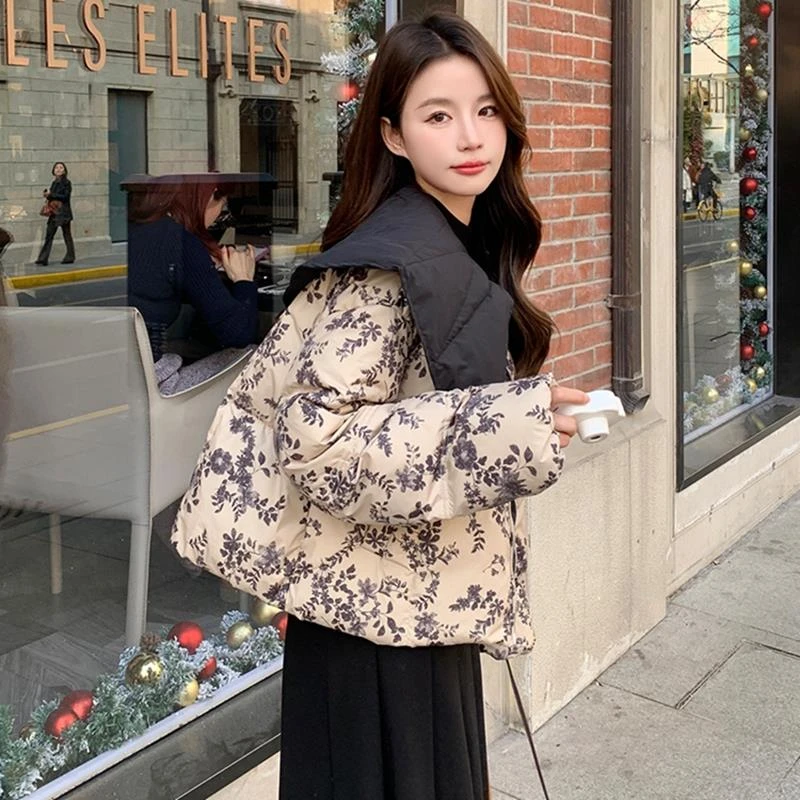 娃娃领短款碎花羽绒服女2024年冬季新款时尚复古小个子白鸭绒外套
