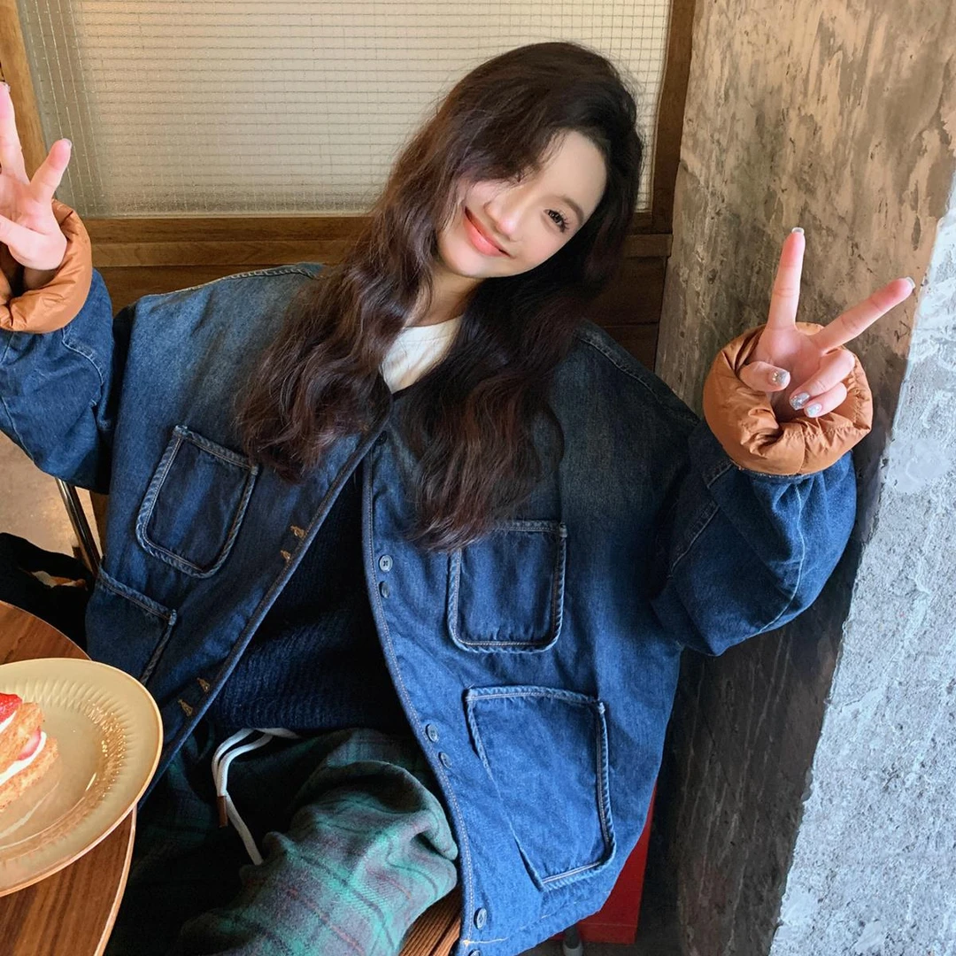 设计感炸街牛仔羽绒服女短款2024年冬季新款韩系小个子白鸭绒外套