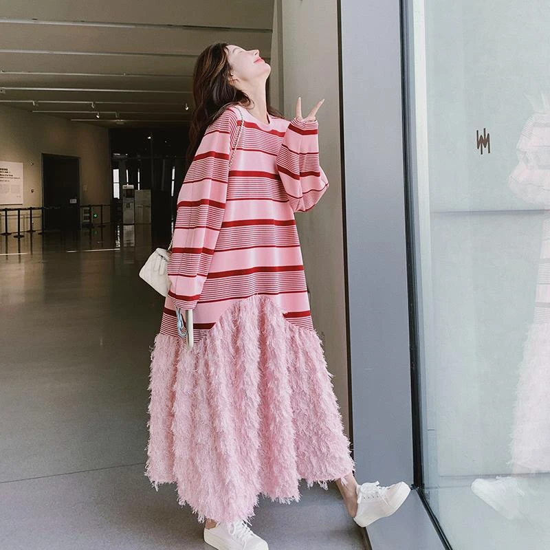 粉色条纹长袖毛丝绒连衣裙女2024新款韩版小个减龄拼接长裙短款