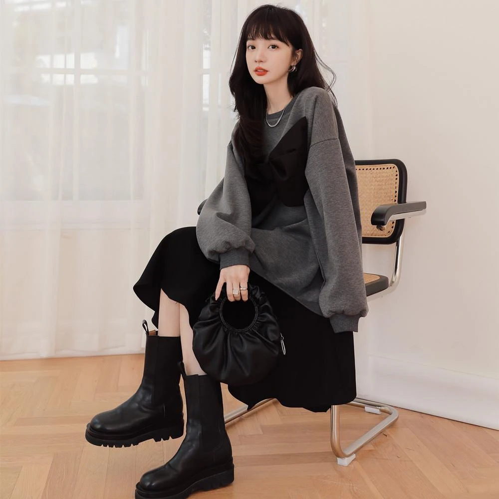 法式时尚长袖卫衣裙连衣裙女春秋小个子气质长裙冷淡风高级感别致