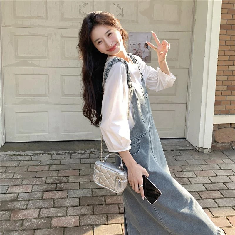 法式牛仔背带裙女2024新款春秋宽松设计感收腰衬衫长裙显瘦两件套