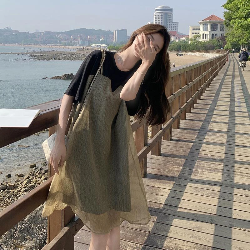 法式纱裙连衣裙女夏2025新款气质显瘦小个子微胖拼接假两件吊带裙