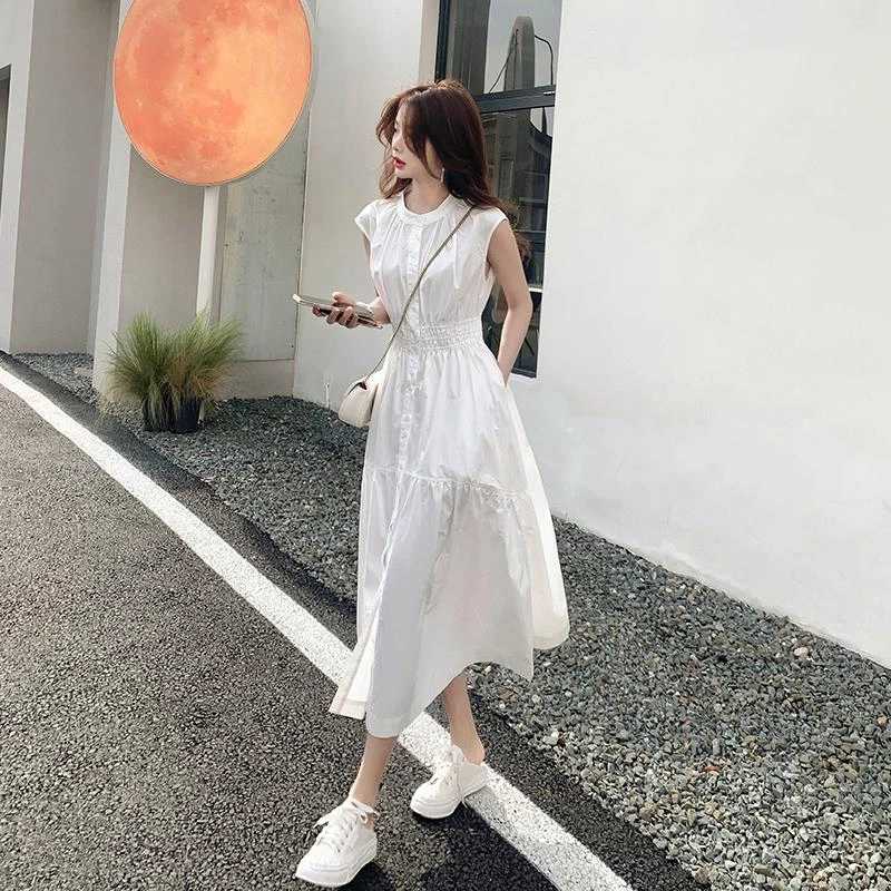 别致独特白色连衣裙女夏2025新款法式气质高级感收腰无袖衬衫裙