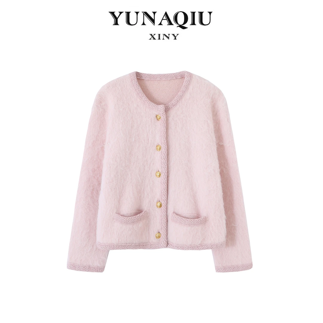 YUNAQIU高定秋冬新款仿貂绒毛针织外套条纹开衫女短外套-393