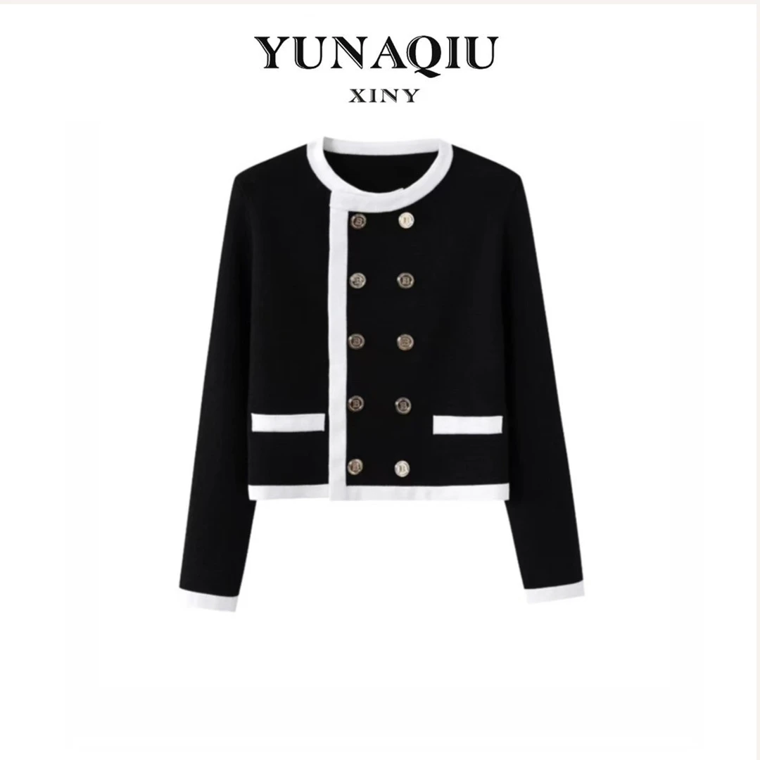 YUNAQIU 黑白撞色百搭双排扣气质羊毛设计十足外套小香风上衣-100