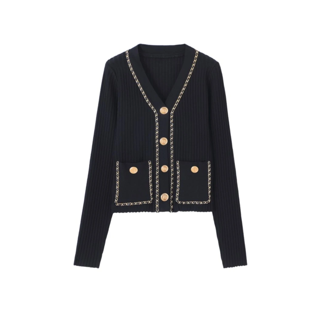 春夏V领重手工时尚气质黑色链条修身长袖针织开衫外套YUNAQIU231