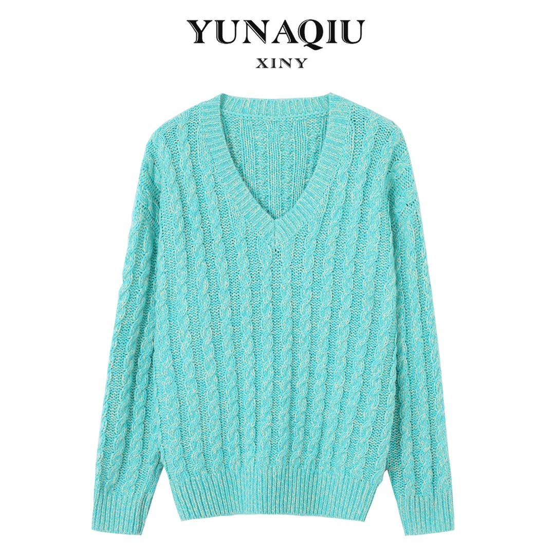 YUNAQIU时尚盐系穿搭御姐气质女神范蓝色麻花羊毛毛衣针织衫-6103