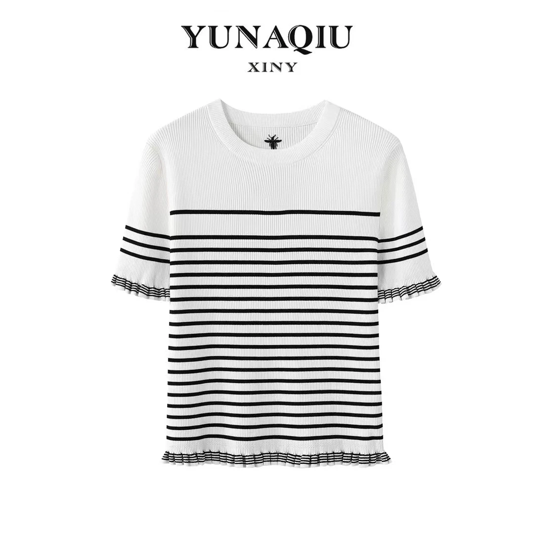 YUNAQIU 夏季休闲百搭套头黑白条纹圆领荷叶边针织款式T恤女-9998