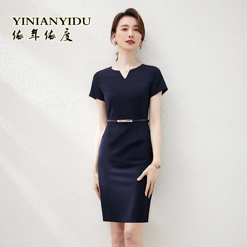 高端职业连衣裙夏季V领气质收腰显瘦珠宝店售楼部处工装工作服女