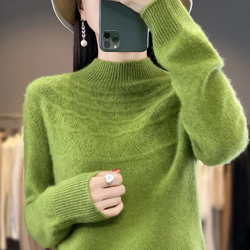 【一线成衣】秋冬新款半高领镂空针织打底衫短款套头毛衣