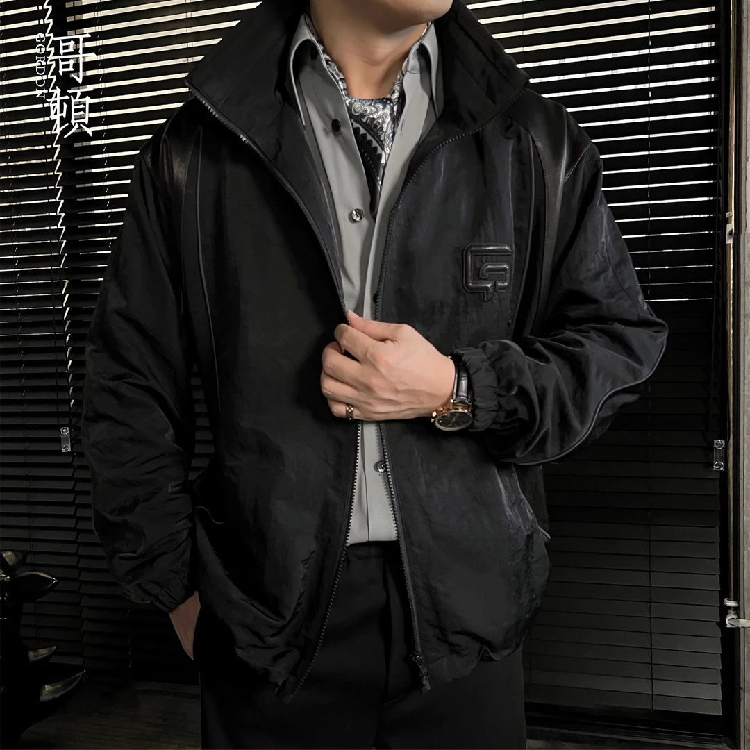 GordonChic 秋季男士宽松休闲拼皮刺绣夹克232813