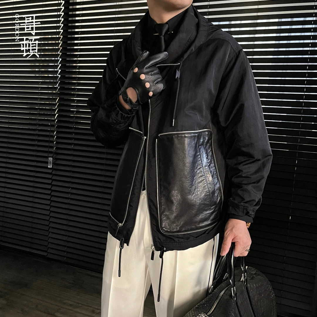 GordonChic 秋季男士老钱风廓版连帽皮口袋夹克长袖上衣23333