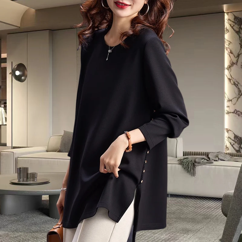 设计感休闲T恤女2025早秋季新款大码宽松洋气质显瘦减龄黑色上衣