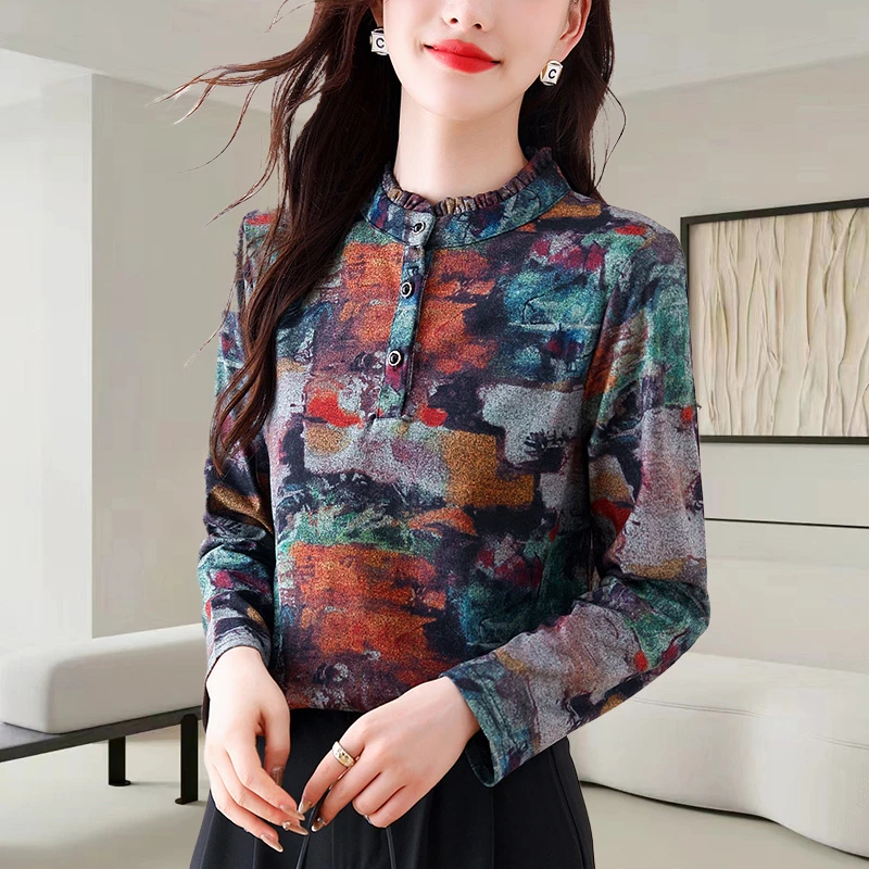 秋冬新款加厚长袖衬衫大码女装复古印花衬衣气质别致休闲修身上衣