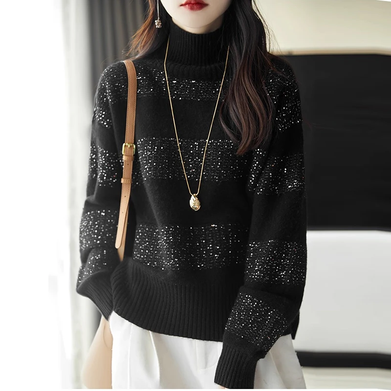 高领加厚条纹羊绒衫毛衣女秋冬2025新款慵懒风休闲宽松针织衫上衣