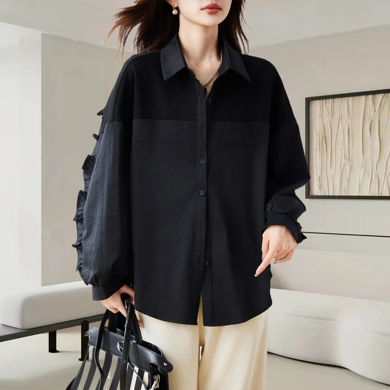 设计感拼接衬衫大码女装2025秋季新款慵懒风宽松休闲减龄长袖上衣