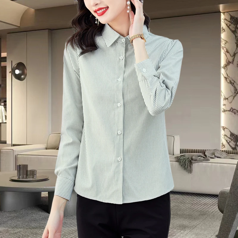 通勤女装条纹长袖衬衫大码2025新款法式高级感气质洋气职业上衣秋