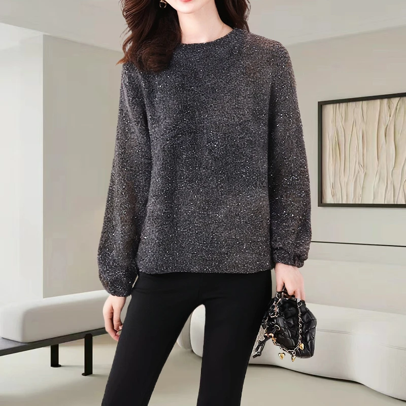 灰色重工圆领毛衣女士秋冬慵懒风宽松加厚洋气减龄外穿针织衫上衣