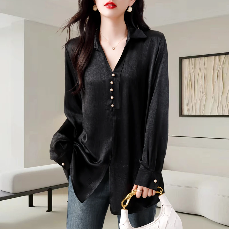 新中式黑色衬衫女士秋季新款高级感宽松大码洋气遮肉减龄显瘦上衣