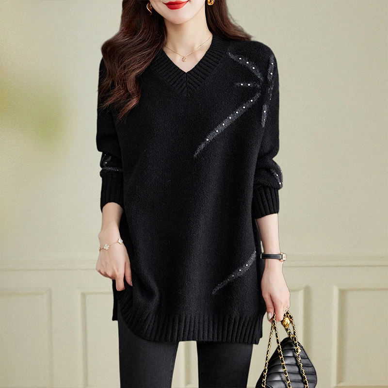 针织衫女2023秋新款长袖v领小众设计感修身显瘦洋气别致套头上衣