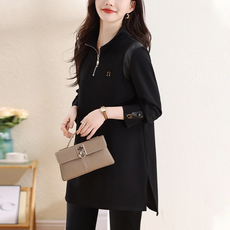 法式立领T恤女2025秋季新款大码宽松休闲显瘦洋气质设计感上衣