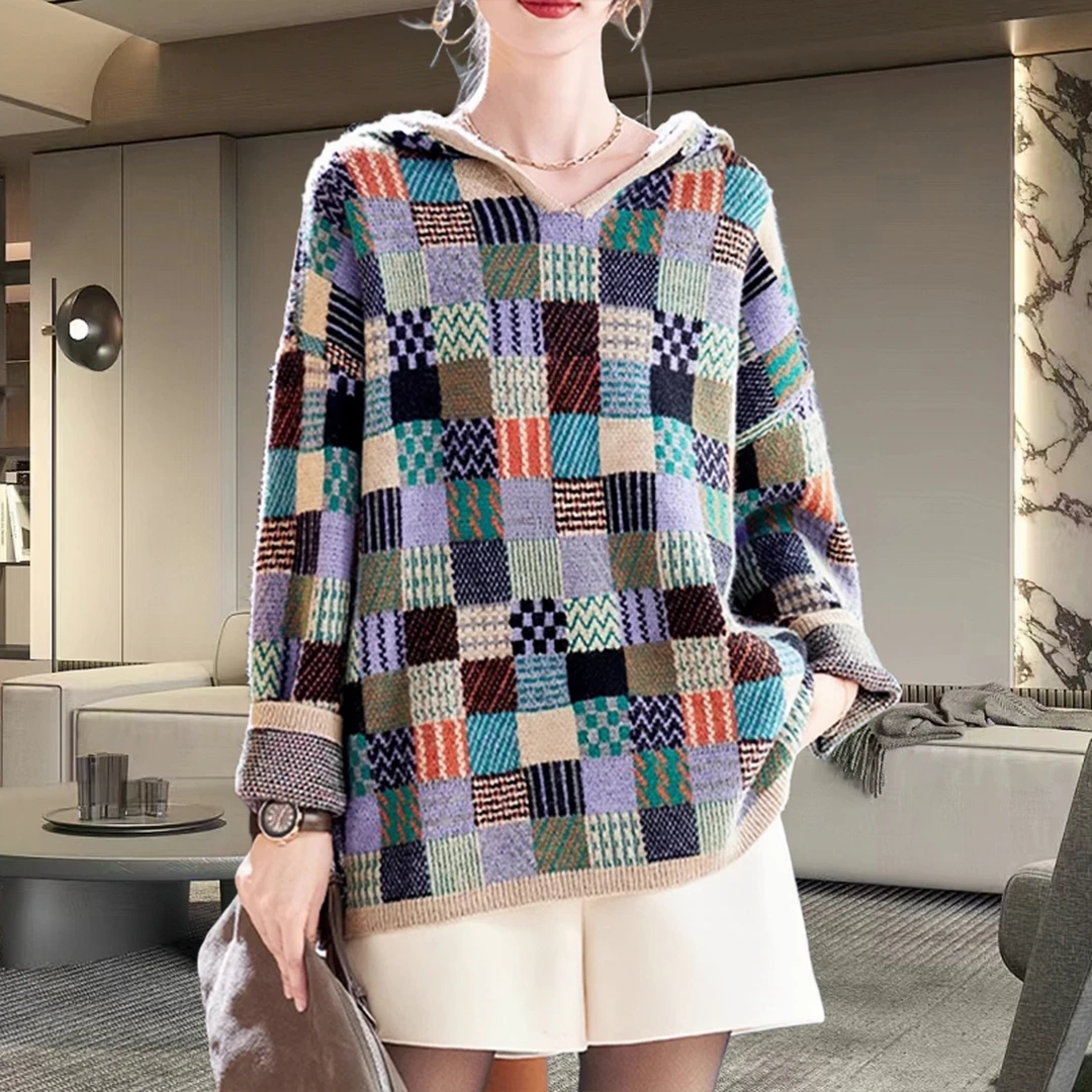 法式轻奢连帽条纹针织衫2025秋冬季新款大码宽松休闲洋气质上衣