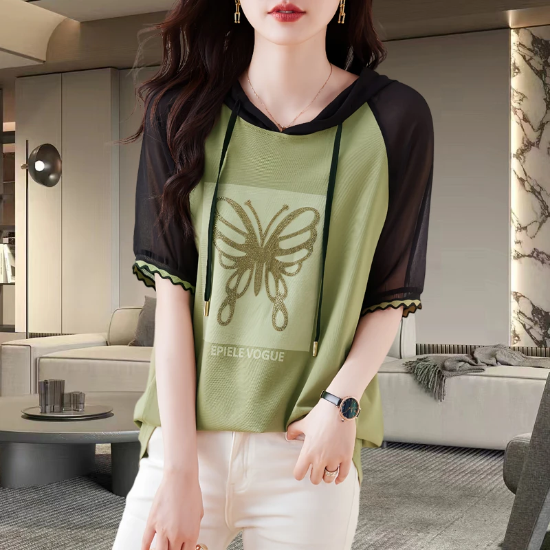 连帽短袖T恤女2025夏新款时尚设计感蝴蝶结烫钻女士半袖拼色上衣