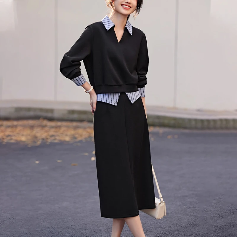 气质设计感套装女2025秋新款宽松衬衫领卫衣休闲半身裙两件套