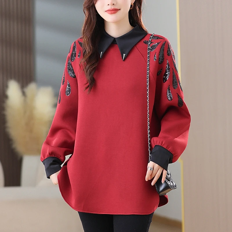 女士加厚卫衣2023新款秋冬宽松中长款遮屁股洋气时尚高端红色上衣