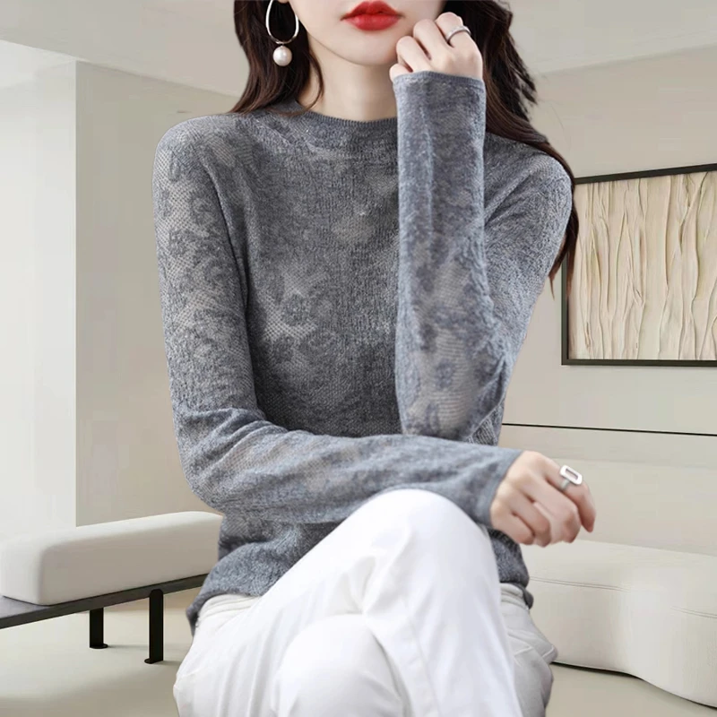 时髦欧货蕾丝拼接针织衫女2024秋冬季新款休闲显瘦减龄修身打底衫