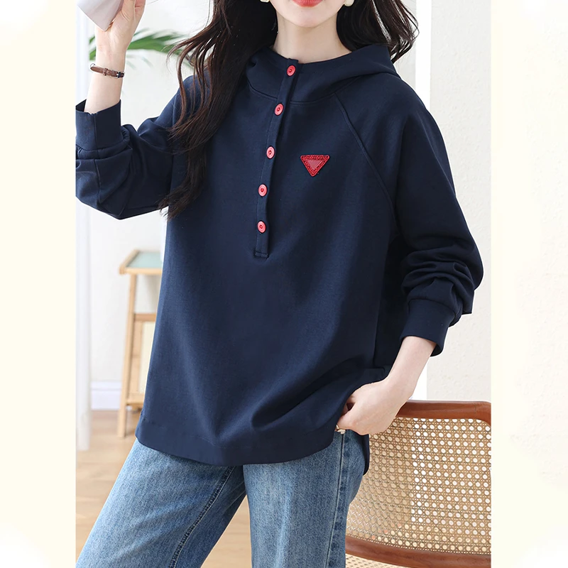 早秋连帽卫衣女2025新款大码宽松休闲显瘦气质慵懒风中长款上衣