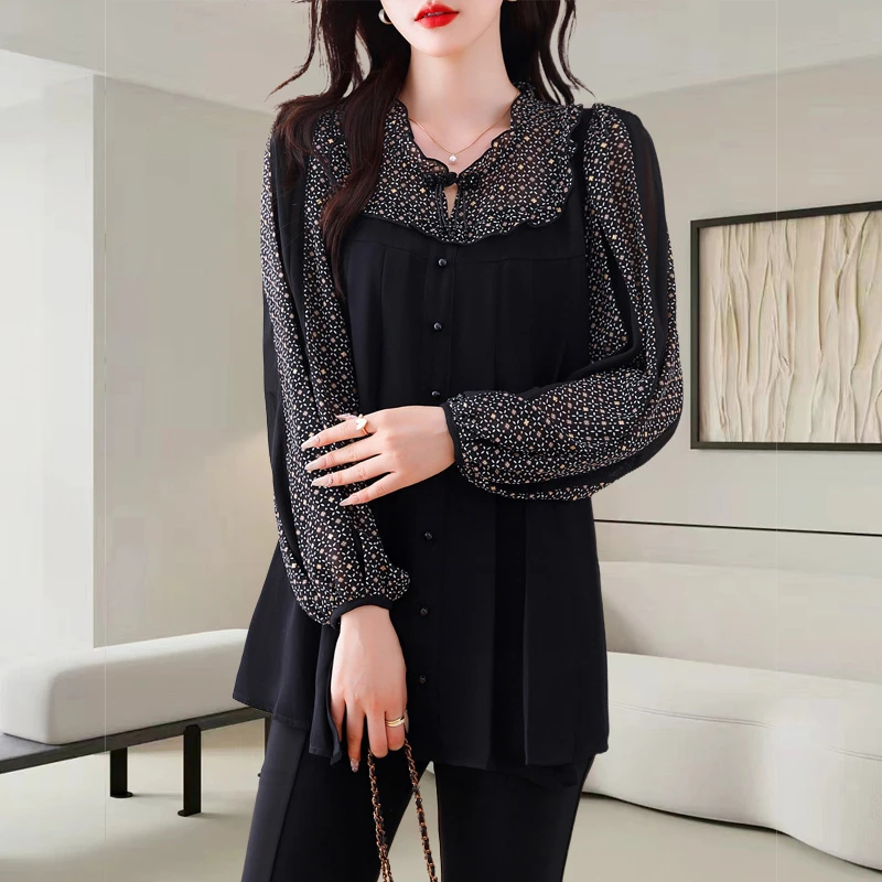 假两件时尚衬衫大码女装2025新款设计感拼接荷叶边复古长袖上衣秋