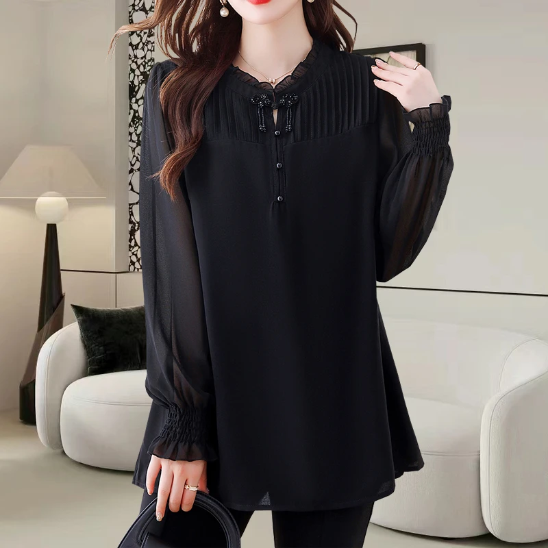 别致漂亮小衫2025春秋大码宽松遮肚设计感中长款长袖衬衫女上衣