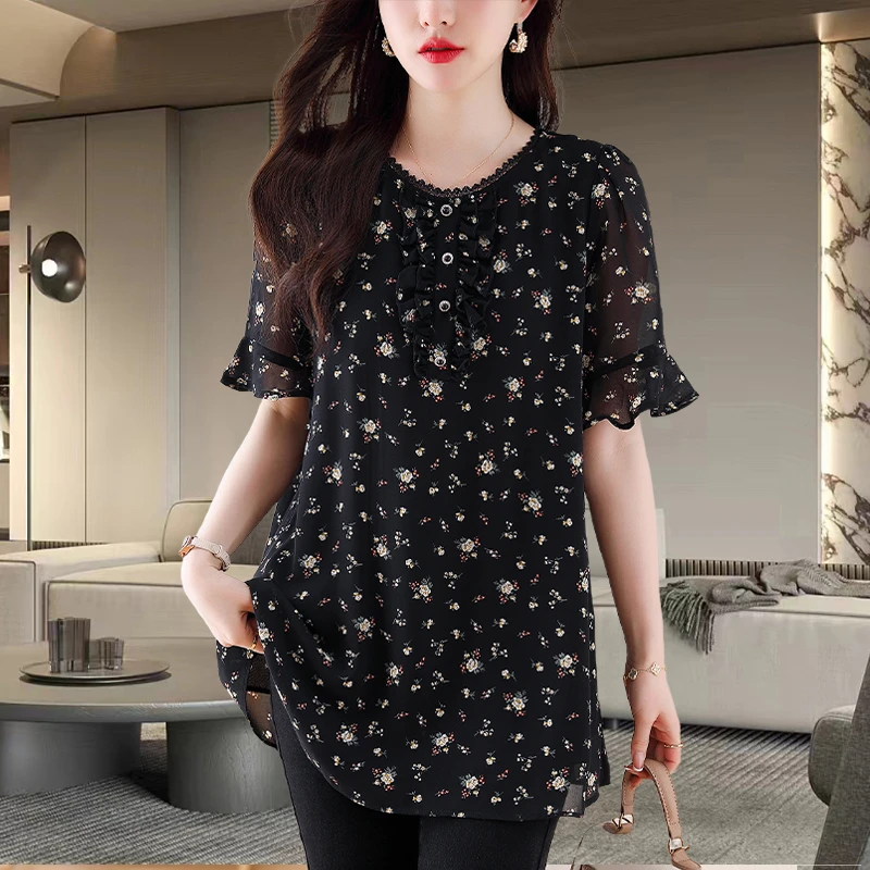 洋气大码减龄碎花上衣夏季新款雪纺衫气质百搭宽松洋气喇叭袖短袖