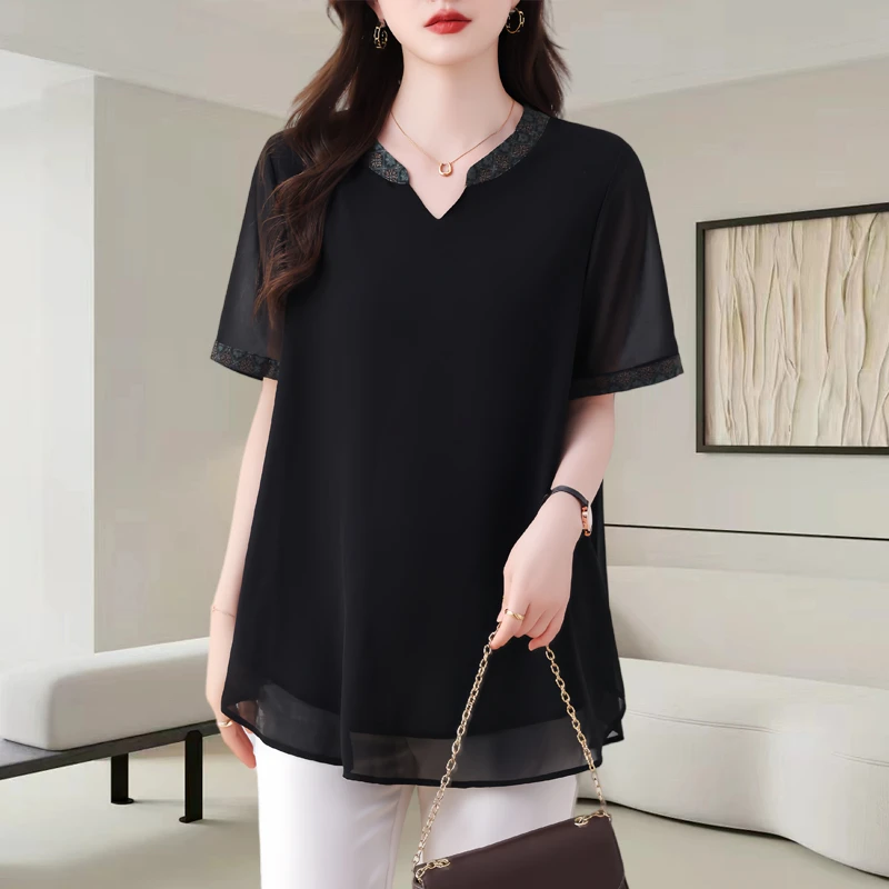 衬衫高端轻奢大码复古黑色上衣夏季洋气拼接短袖t恤休闲宽松衬衣