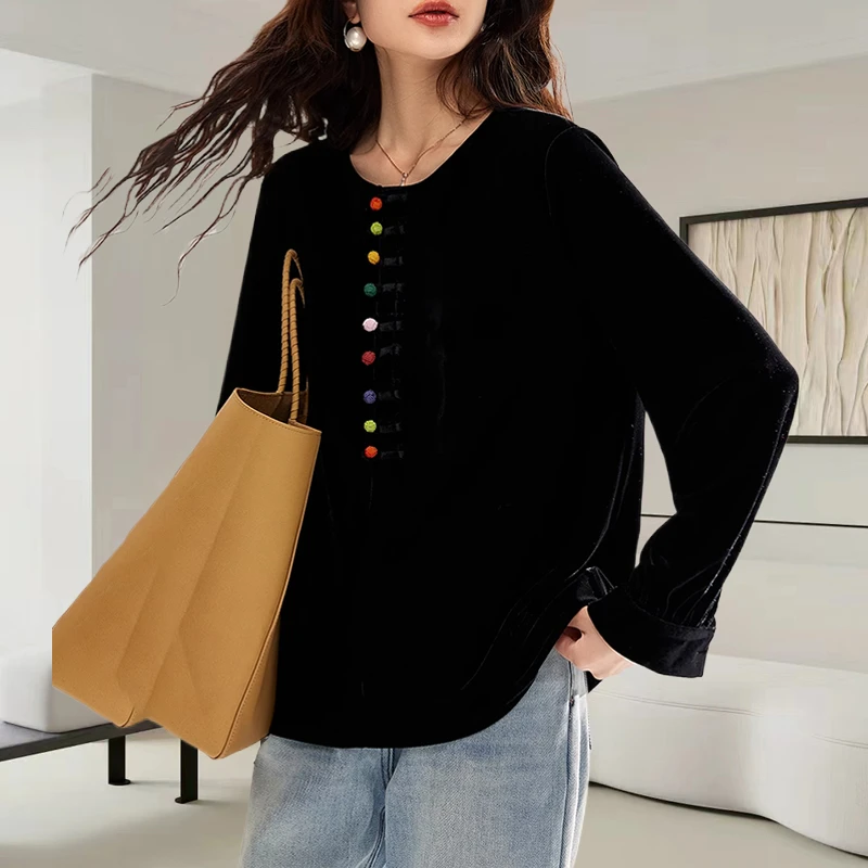 时尚复古盘扣女士T恤2025秋冬季新款大码宽松休闲圆领打底上衣