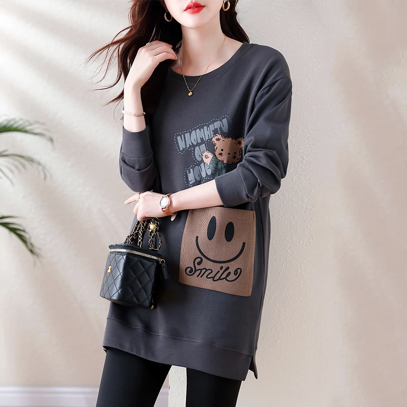 时尚中长款卫衣女秋季2023新款卡通字母设计感小众洋气质圆领上衣
