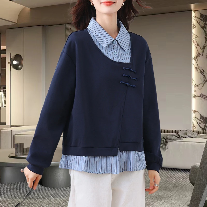 新中式假两件卫衣女2025秋新款大码宽松休闲显瘦衬衫拼接上衣