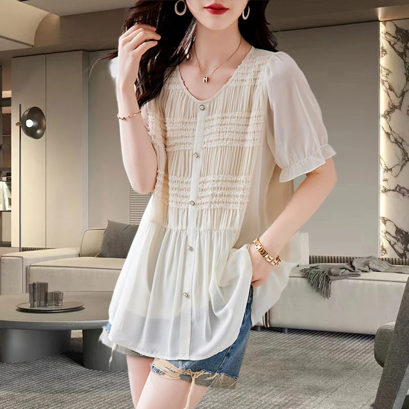 法式褶皱雪纺衫2025夏季新款大码显瘦洋气减龄中长款宽松上衣